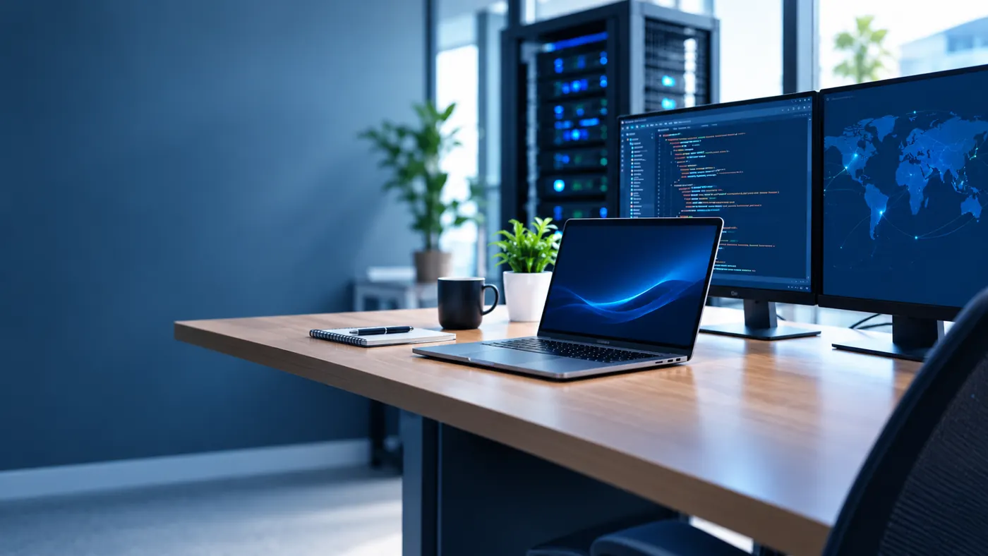 Puesto de trabajo de oficina con portátil, monitores y armario de servidores